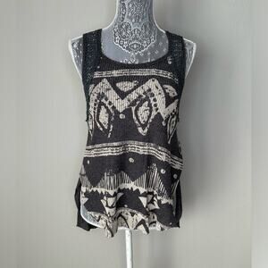 FREE PEOPLE Crochet Back Tribal Print Flowy High Low Scoop Hem Pleated Tank Top